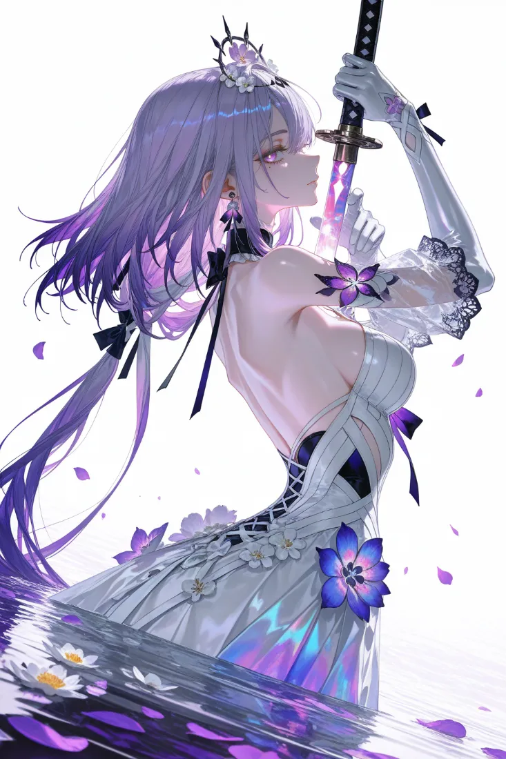 紫发露背二次元女武士侧身持发光武士刀，周身飘散紫色花瓣