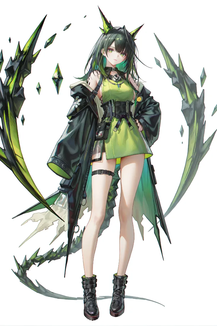 明日方舟风格绿黑配色龙角少女立绘，周身环绕晶状翼刃与龙尾