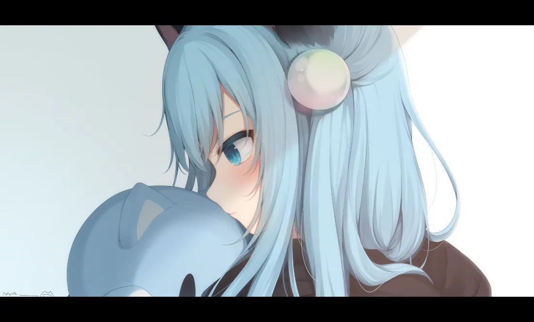 2k蓝发猫耳少女壁纸|画师OC背景图片 - 二次元「哲风壁纸」 蓝发猫耳少女侧脸特写,怀抱浅蓝色玩偶,脸颊泛红,背景浅淡干净。