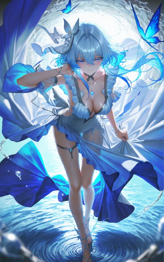 蓝发二次元少女立于水波纹之上，蓝白长裙飘逸，蓝蝶环绕，梦幻水影背景。