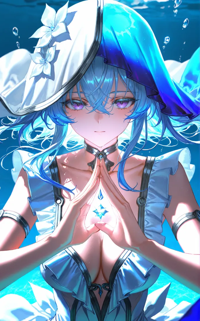 水下蓝发二次元少女，戴蓝白宽边帽，双手合十，周围漂浮气泡。