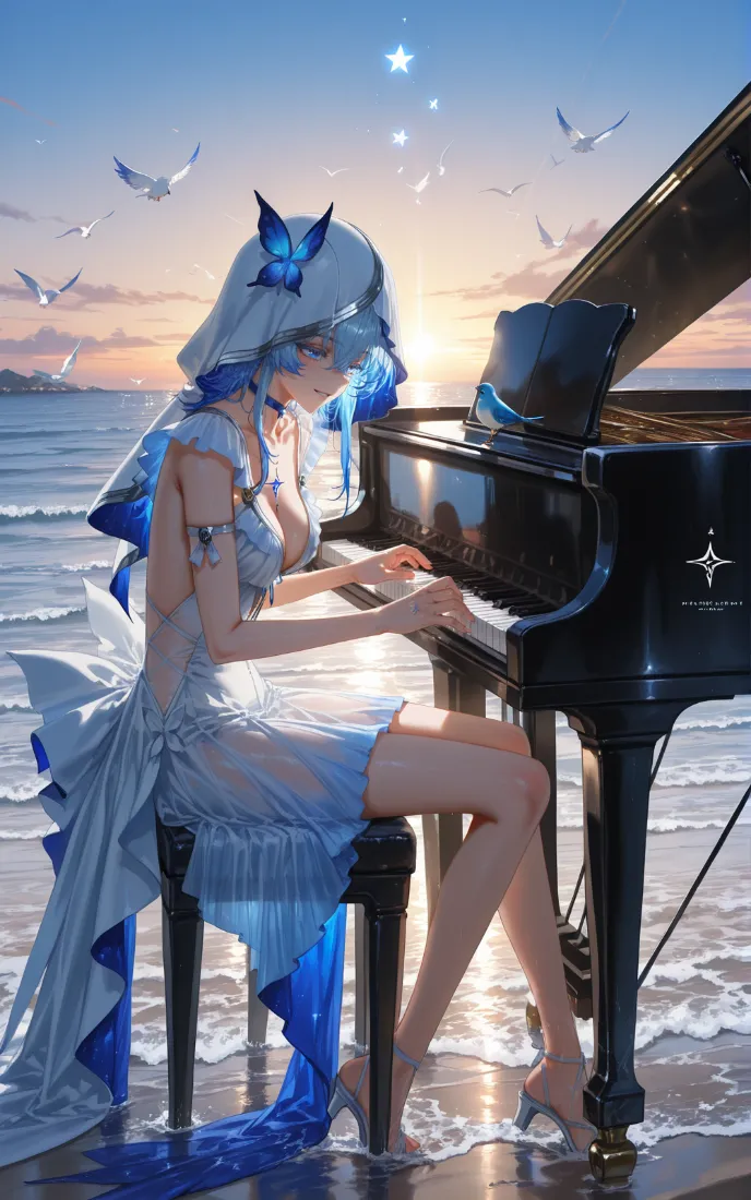 蓝发二次元少女身着浅蓝纱裙，在海边浅滩弹奏黑色三角钢琴，背景是黄昏海面与飞翔海鸥。