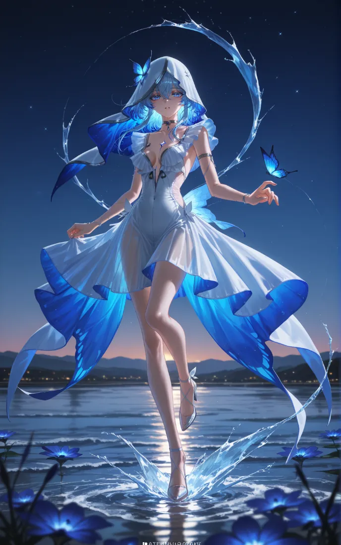 蓝白服饰二次元少女立于湖面，指尖停蓝蝶，水环环绕，暮色远山为背景
