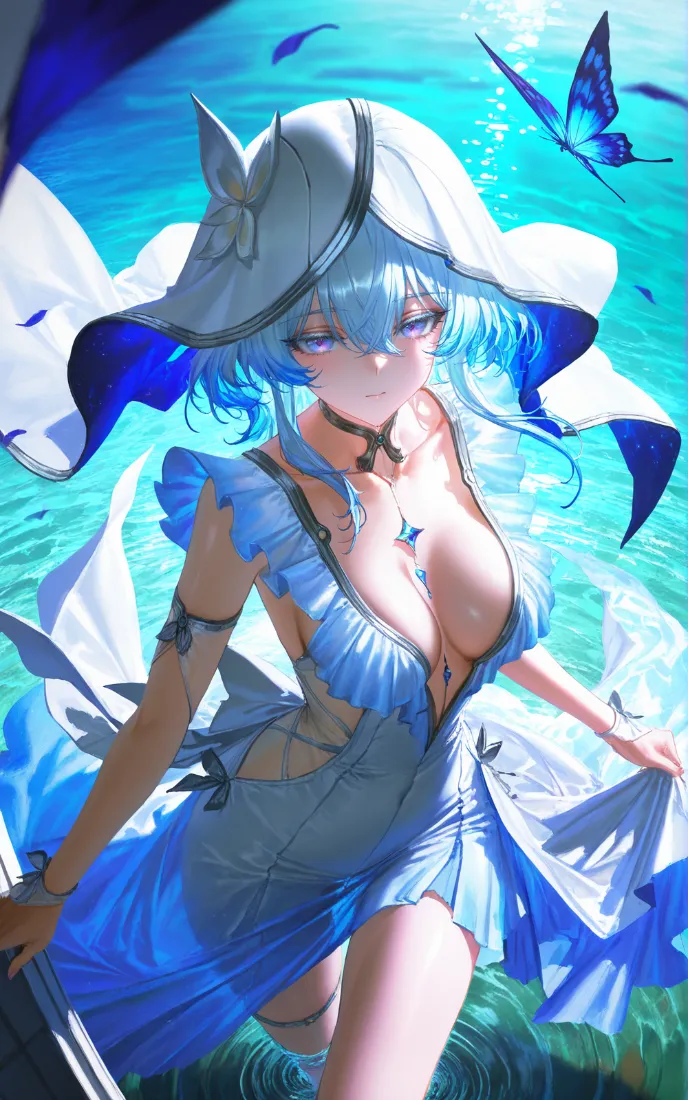 蓝发二次元少女立于青蓝水面，身着蓝白裙装，身侧飞舞蓝蝴蝶。
