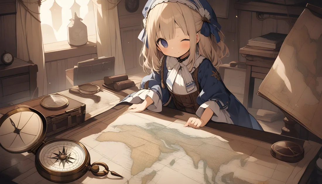 金发蓝眼二次元少女在复古书房桌前，对着航海地图与罗盘眨眼微笑
