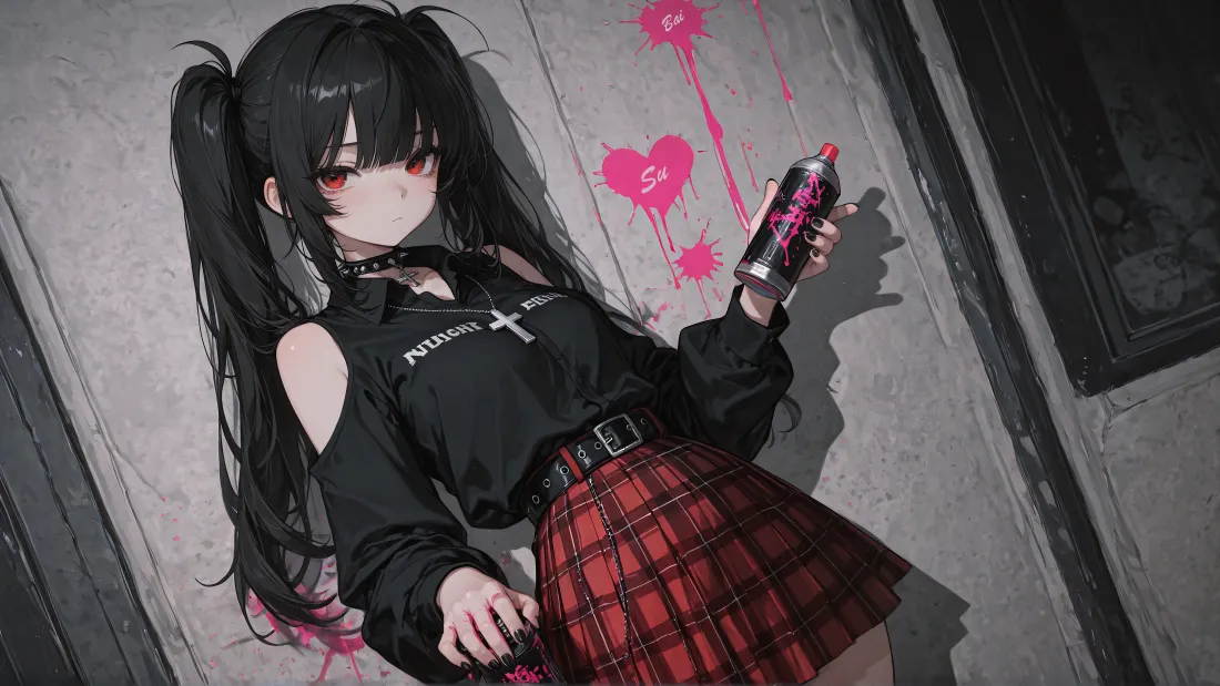 黑发红瞳双马尾少女手持喷漆罐，靠在带有粉色心形涂鸦的水泥墙边。