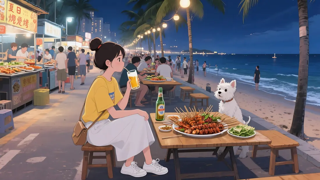 5k夏夜海边烧烤壁纸|女生与宠物狗背景图片 - 休闲时光「哲风壁纸」 夏夜海边夜市,女生与白狗围坐木桌享用烧烤,沿岸暖灯与椰树延伸向远方。