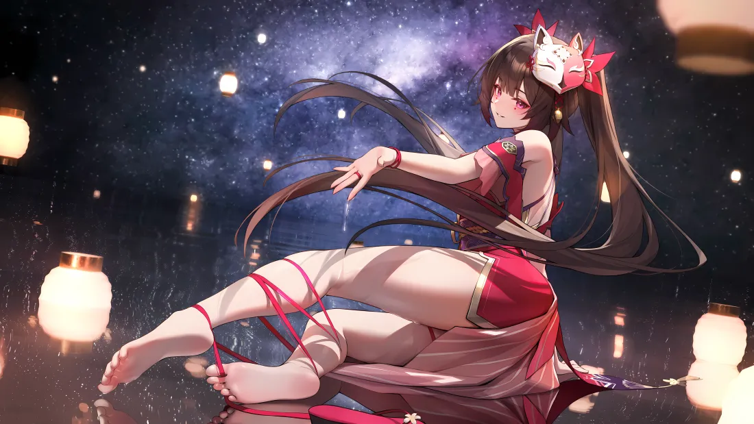 星空下身着红装的狐面古风少女，身周漂浮着暖光灯笼。
