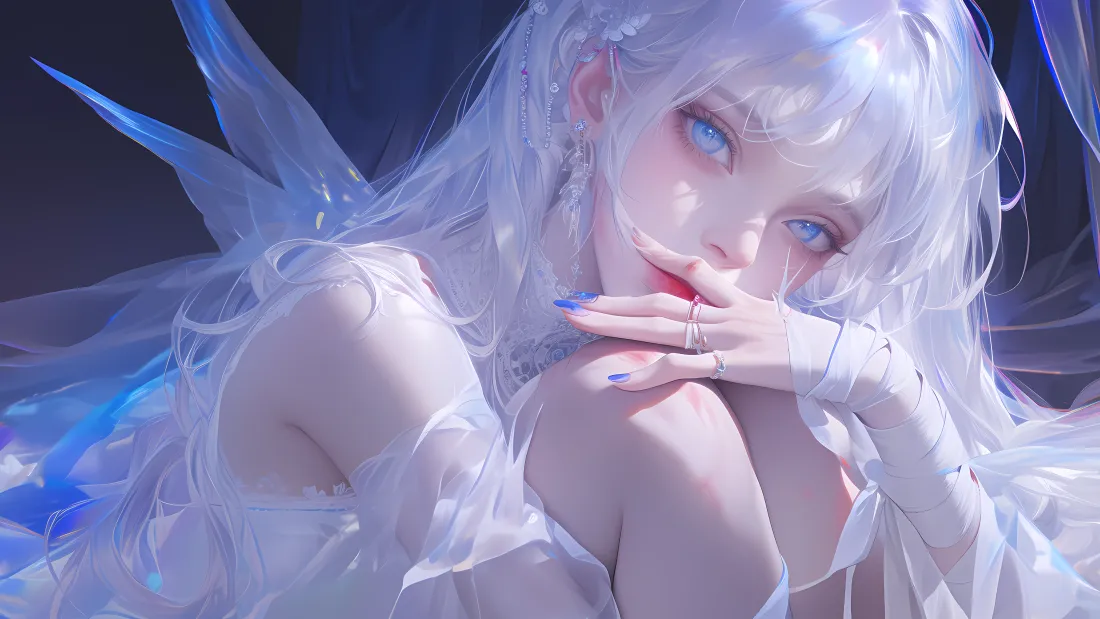 蓝眸白发少女，覆着冰晶羽翼，手轻抵唇边，暗调背景空灵梦幻。