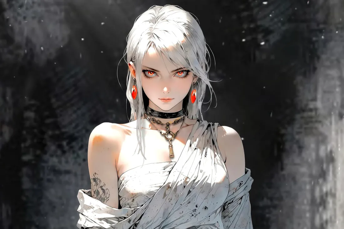 白发橙瞳冷艳少女，佩戴红色耳饰与项链，立于暗黑朦胧的废墟背景前。