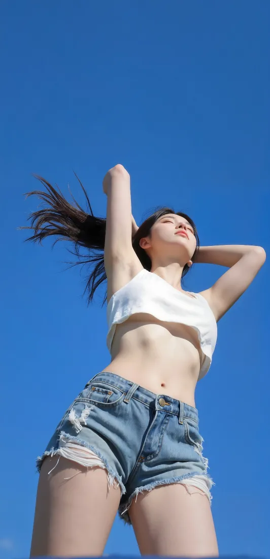 仰拍蓝天背景下，穿白短上衣与牛仔短裤的年轻女子抬手仰头，长发飞扬