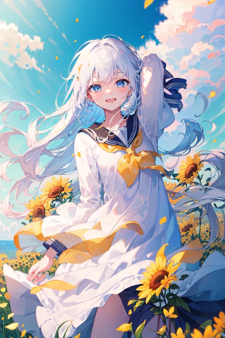 银发蓝眼少女身着水手服站在向日葵花海中，背景是晴朗蓝天与白云。