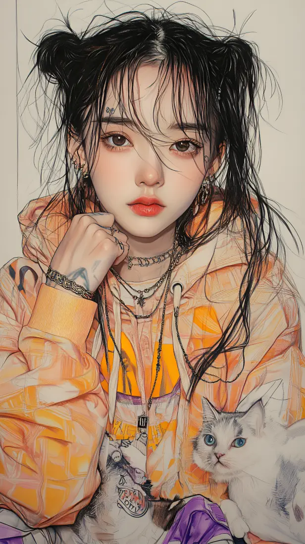 4k纹身壁纸 - 猫 - 少女插画 - 插画风格「哲风壁纸」