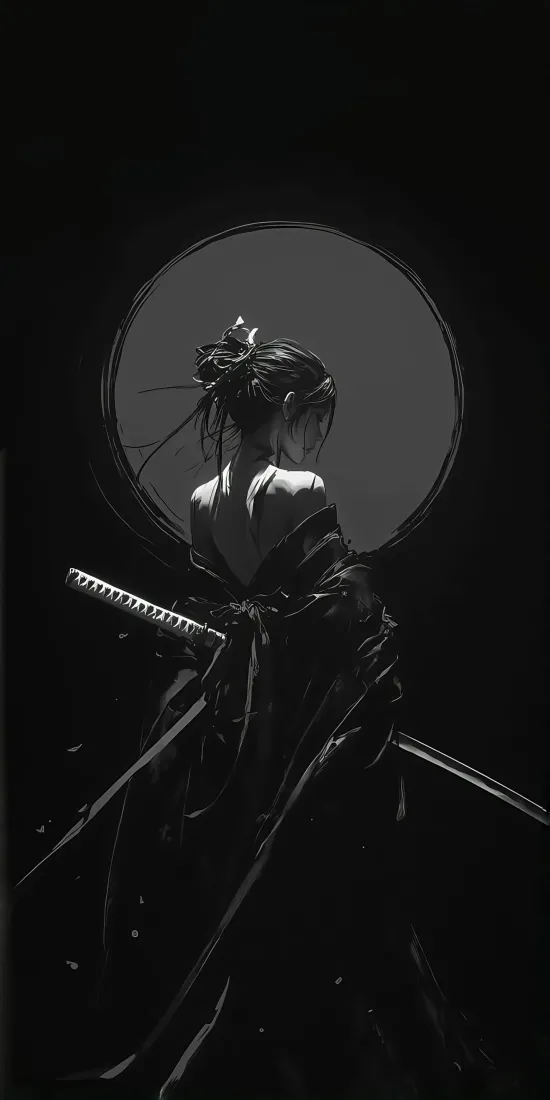 黑白长袍美女手机壁纸｜持剑背影背景图片 - 光影剑士「哲风壁纸」