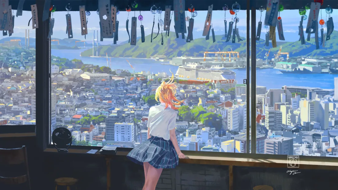 3k少女窗台壁纸｜城市风景背景图片 - 晾晒时光「哲风壁纸」