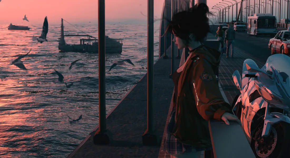 4k少女海边壁纸｜夕阳码头背景图片 - 二次元「哲风壁纸」