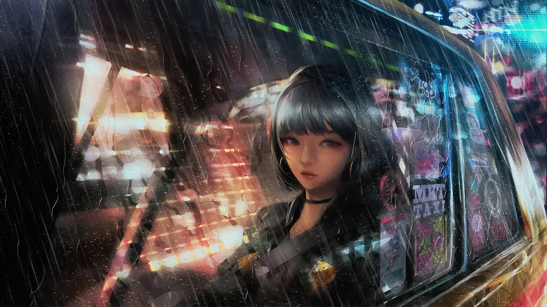 4k雨夜少女壁纸｜车窗霓虹街景背景图片 - 动漫次元「哲风壁纸」