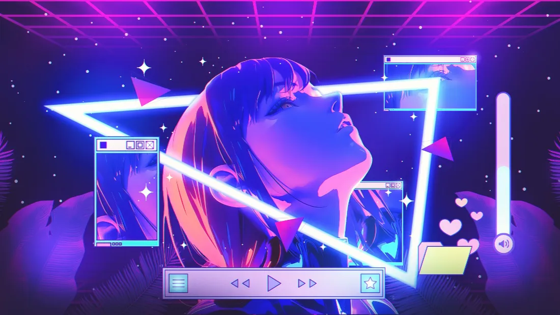 霓虹赛博风格二次元少女仰头闭眼，背景为星空与复古窗口元素