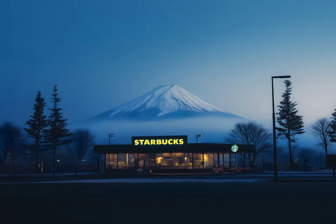 8k富士山壁纸｜雪山便利店背景图片 - 星巴克「哲风壁纸」