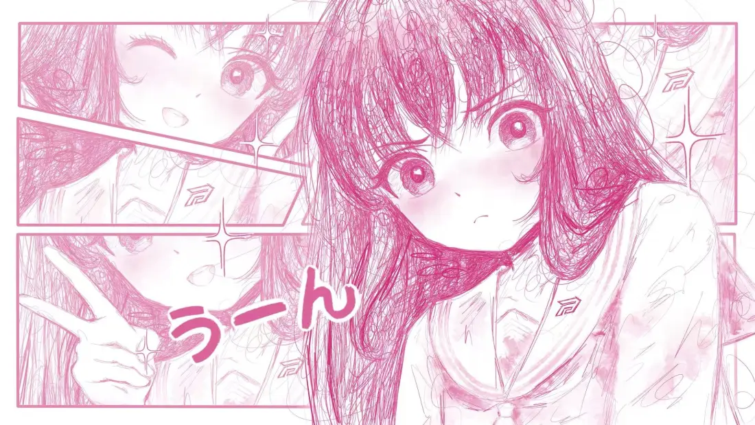 2k粉发少女壁纸|水手服漫画分镜背景图片 - 清新二次元「哲风壁纸」 粉色线稿风格二次元少女,水手服造型,搭配多格漫画分镜与日文拟声词。