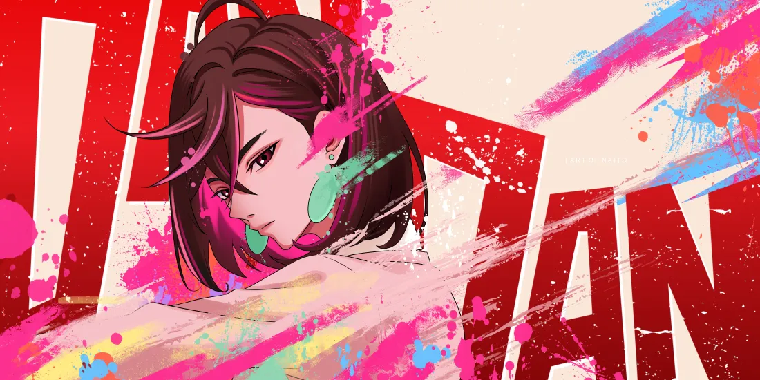 4k油墨女孩壁纸|泼墨短发少女背景图片 - 个性艺术「哲风壁纸」 泼墨涂鸦风格的短发少女插画,红底搭配粉蓝彩色油墨喷溅效果。