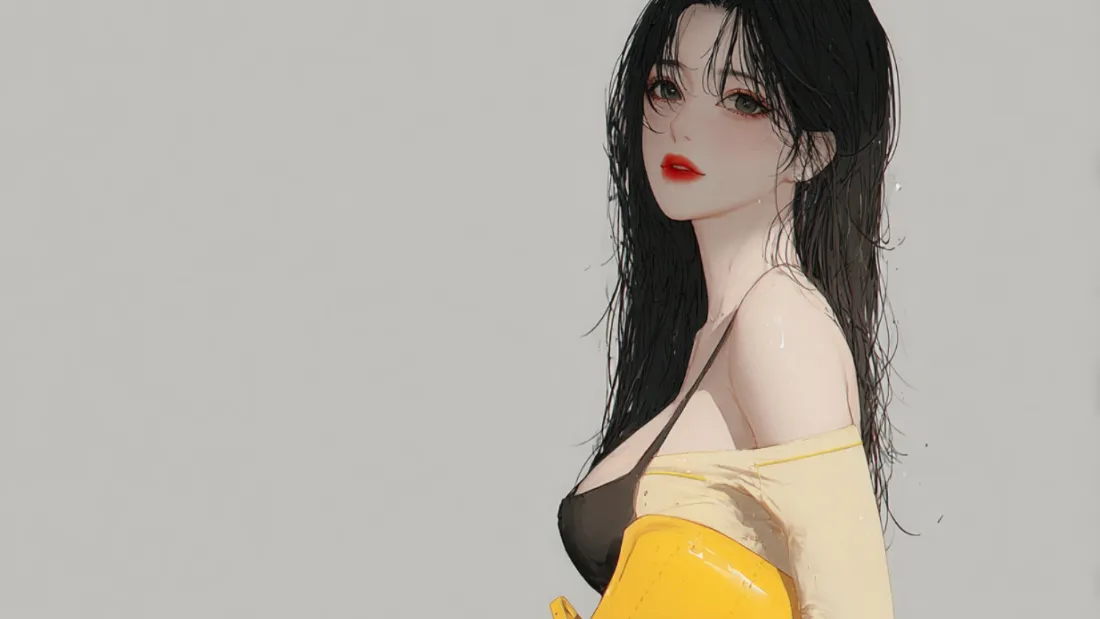 灰色背景上的黑长发红唇女性插画，身着黑吊带与黄色外搭，侧身回望。