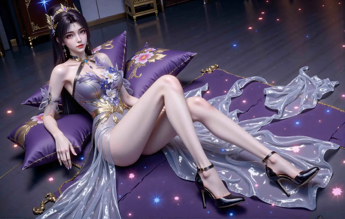 紫调室内，王曦斜倚紫色绣花抱枕，身着银紫华丽礼服与高跟鞋，地面散落星光。