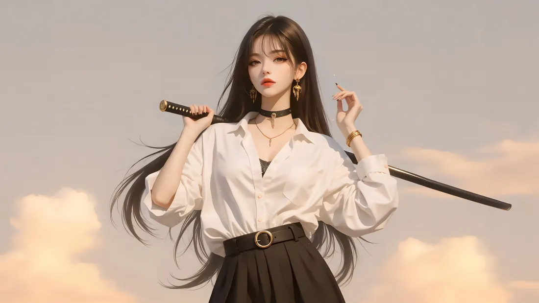 5k持剑少女壁纸｜白衬衫背景 - 天空云朵「哲风壁纸」