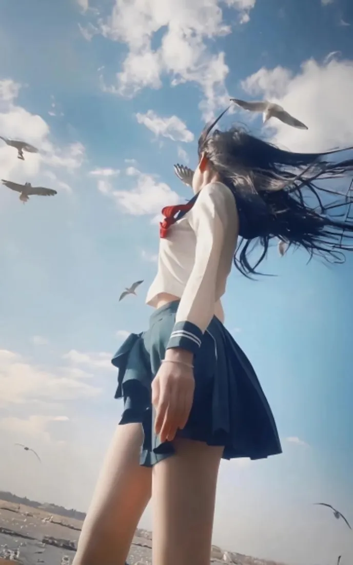 4k海鸥壁纸 - 美女 - 黑长直 - 校园风「哲风壁纸」