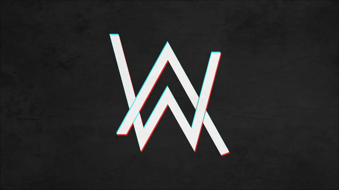 黑色背景中央是带红蓝故障偏移效果的白色W形Alan Walker标志