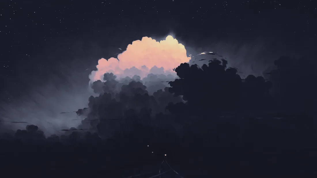 暗调夜空下，粉橙色发光云团悬浮于深色云层之上，点缀细碎星点。