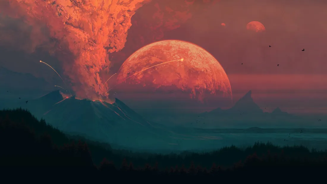 橙红火山喷发，巨型橙红色星球悬于青蓝色雾霭山峦上空，氛围壮阔。