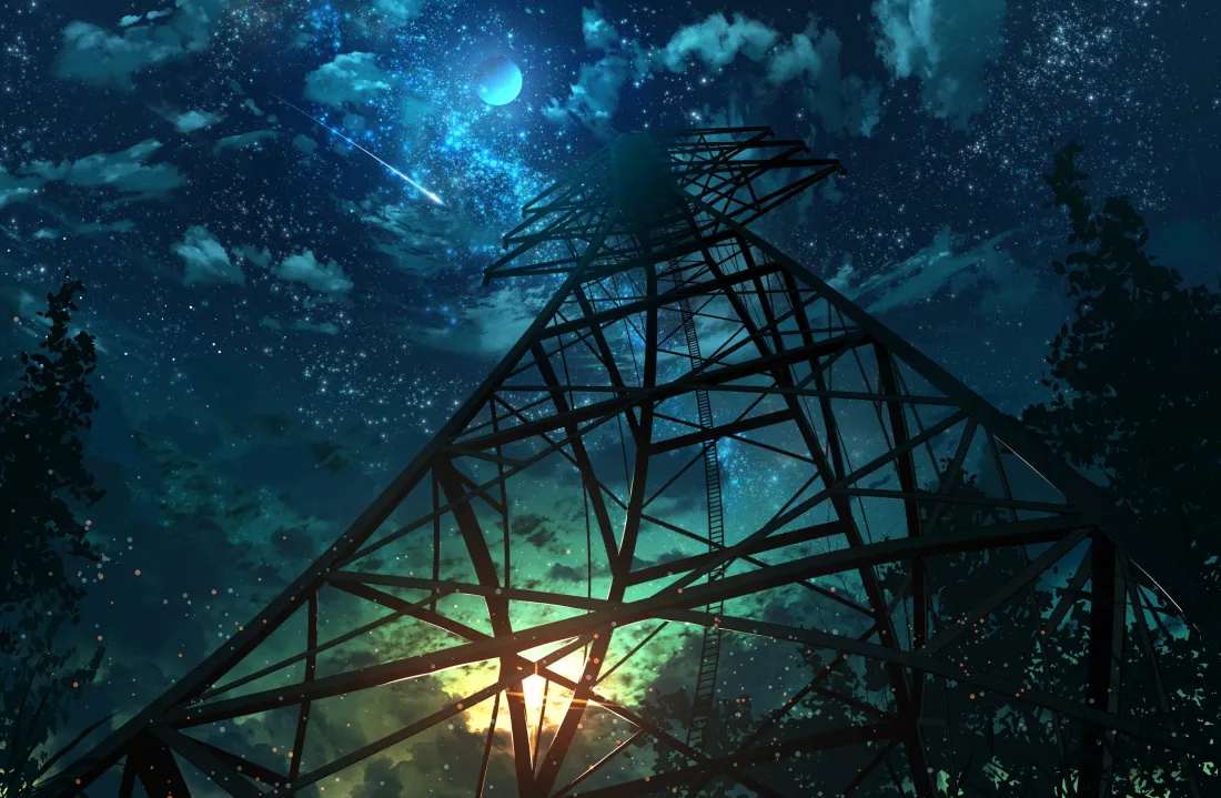 3k高压电塔壁纸|星空背景图片 - 夜晚「哲风壁纸」 仰视视角下高压电塔矗立在布满繁星、流星与弯月的蓝青色夜空下,两侧有树木剪影。