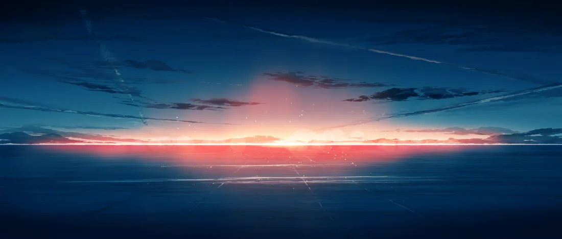 黄昏时分，橙红落日悬于平直地平线，上下深蓝天空与海面倒映霞光
