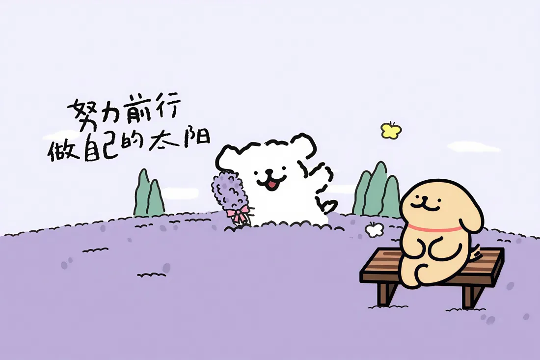 紫色花田中的线条小狗，一只坐长椅一只挥手，配励志文字