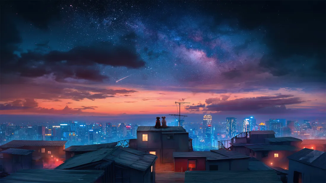 黄昏时分，两只小狗坐在屋顶眺望灯火璀璨的城市与缀满流星的星空。