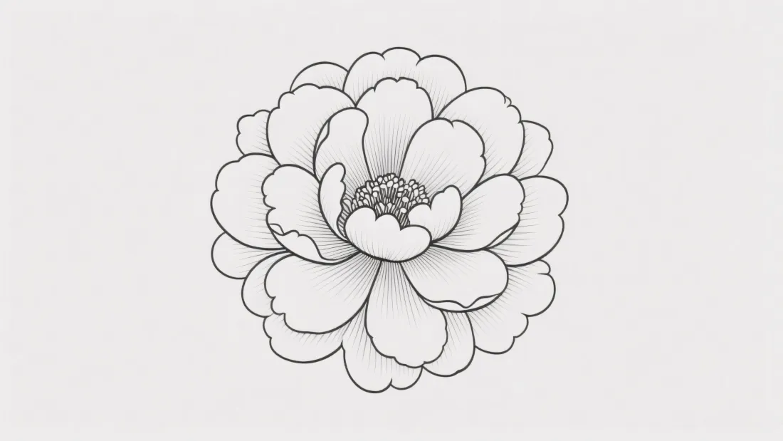 浅灰背景上的单朵重瓣花卉黑白线稿，花瓣层次分明，线条简洁。