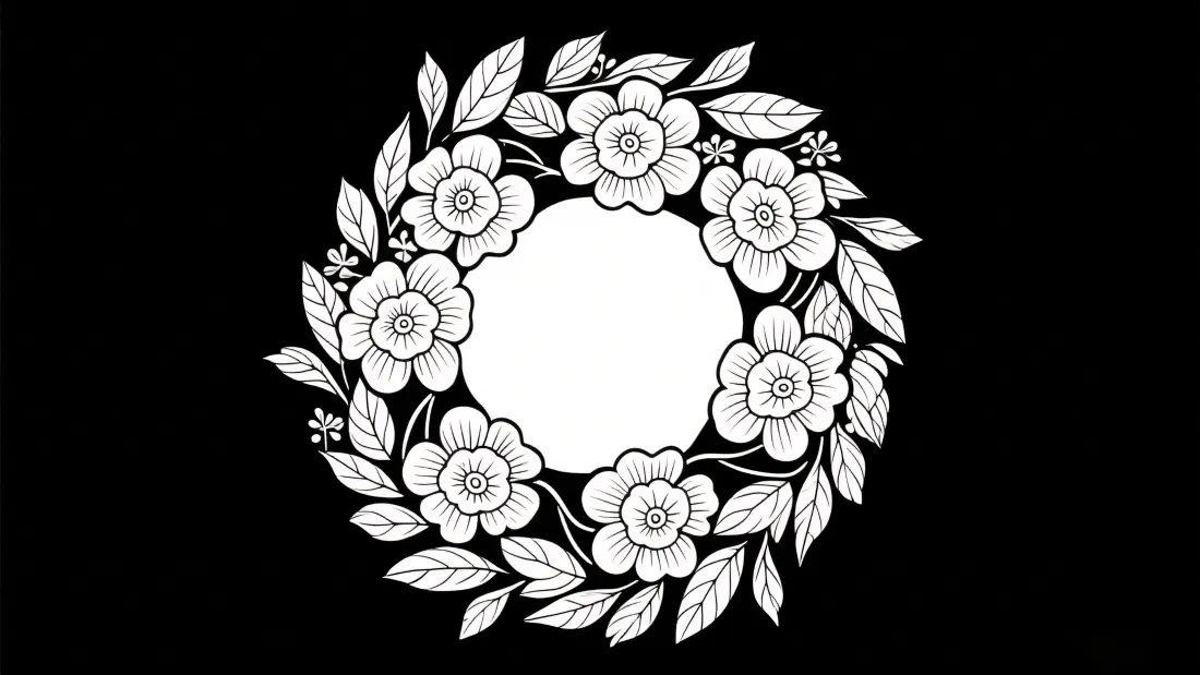 纯黑背景上的白色线描花卉花环，环绕中心空白圆形