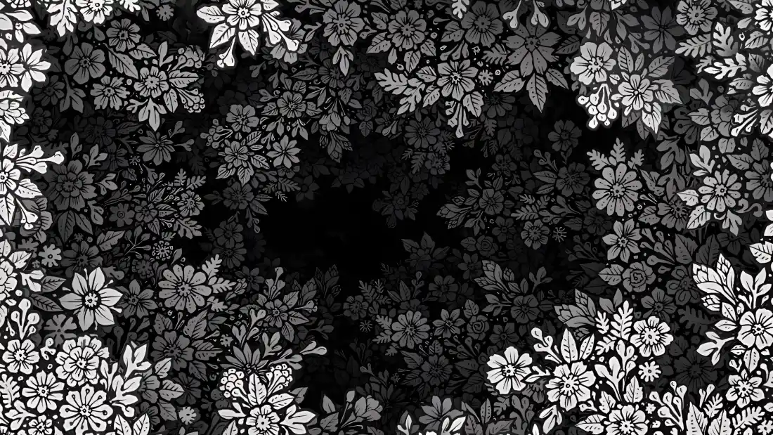 4k黑白花丛壁纸|深不见底背景图片 - 神秘感「哲风壁纸」 黑白手绘花卉图案,中心为深邃黑色空洞,四周环绕密集灰调花叶