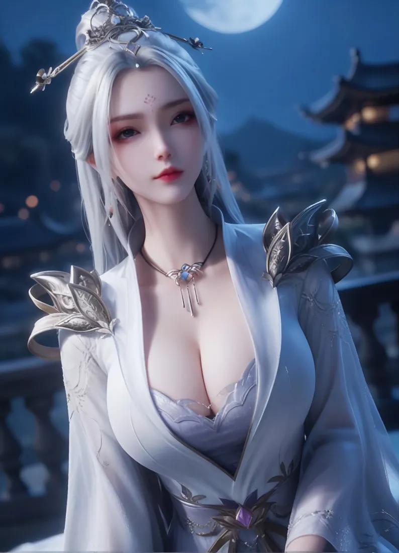 月夜下白发古装仙侠女子立于古风楼阁前，背景悬着满月。