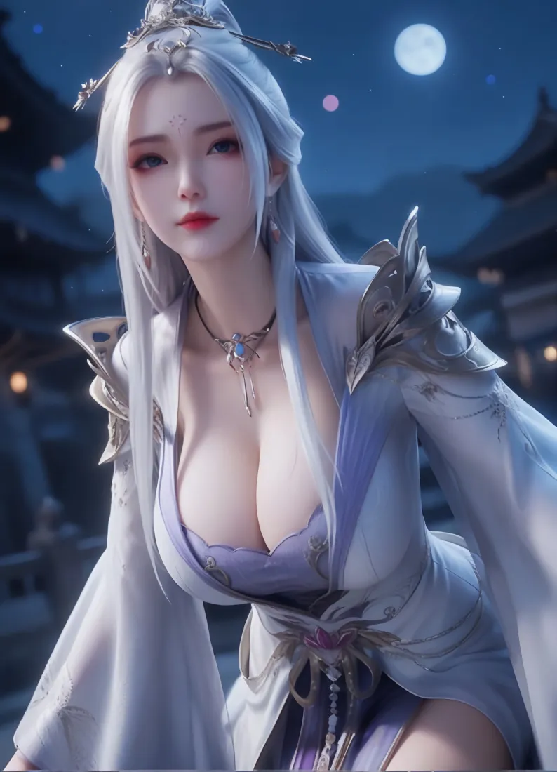 月夜古风场景中，白发仙侠女子身着白紫仙侠服饰，背景为虚化古建与满月。