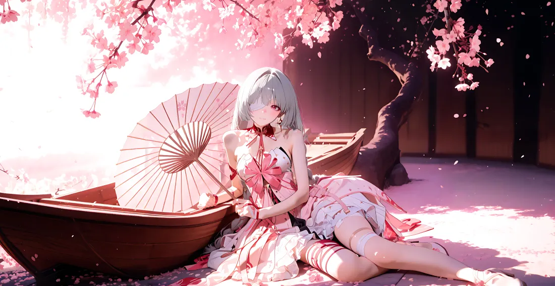 6k银发少女壁纸｜樱花背景图片 - 扇子「哲风壁纸」