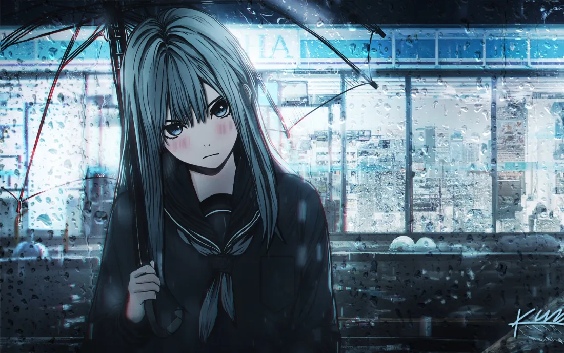 4k少女壁纸 - 蓝色 - 雨夜 - 玻璃窗「哲风壁纸」