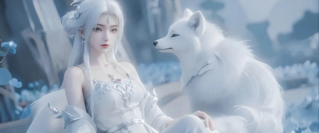 雪景中白发古装白衣女子与白狐相伴，氛围清冷仙气