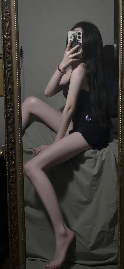 昏暗室内，黑衣长发女子坐于床沿，持手机对镜自拍遮挡面部。