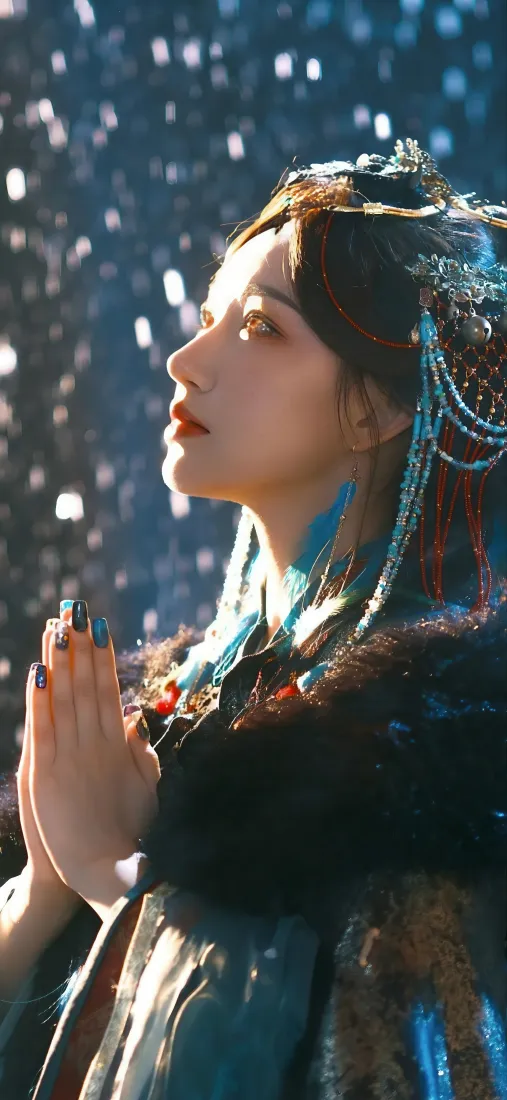 身着古风服饰的女子在飘雪环境中双手合十祈祷，侧颜被暖光照亮。