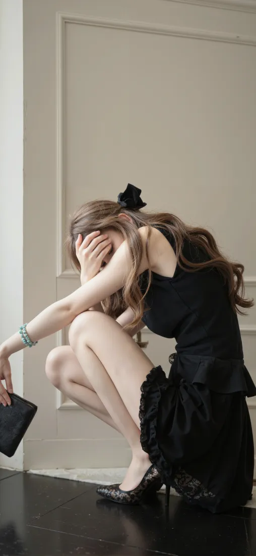 穿黑色连衣裙的长发女子蹲在室内墙边，抬手掩面，手持黑色手包。