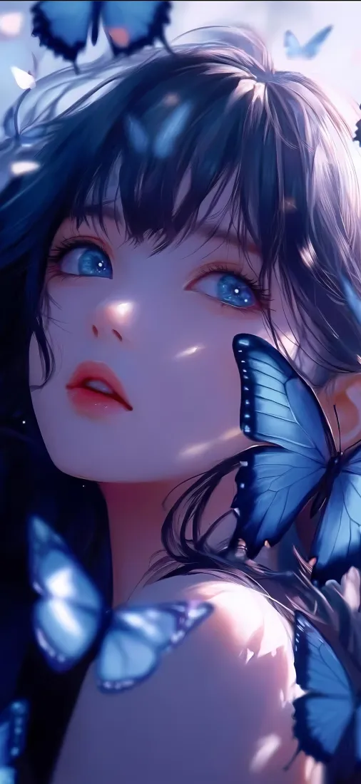 蓝眼深色长发二次元少女，周身环绕蓝色蝴蝶，光影梦幻柔和。