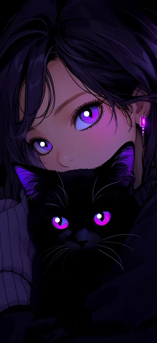 暗调紫黑画面，紫瞳黑发少女与紫眼黑猫近距离对视，氛围神秘。