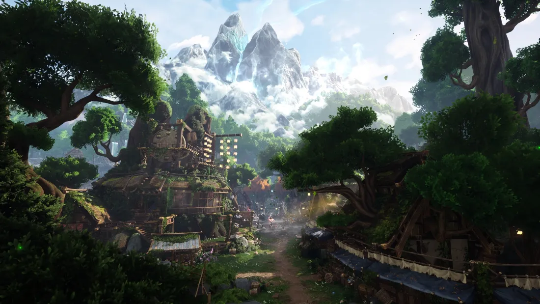 2k自然风景壁纸|山脉森林背景图片 - 4K「哲风壁纸」 葱郁森林环绕的山间村落,远处云雾缭绕的雪山与澄澈蓝天相映。